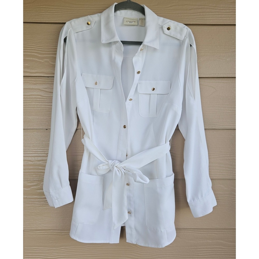 Chico's White Explorer Military Bridal Button Up Belted Slit Long Sleeve Top Sz1